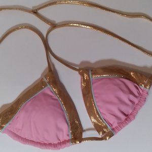 The Bikini Lab Triangle Bikini Swimsuit Top. Pink with Gold trim, size Med NWOT